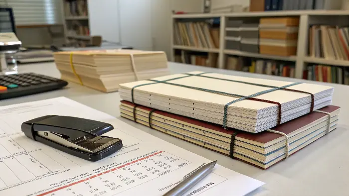 Stacks of coins next to a saddle-stitched booklet