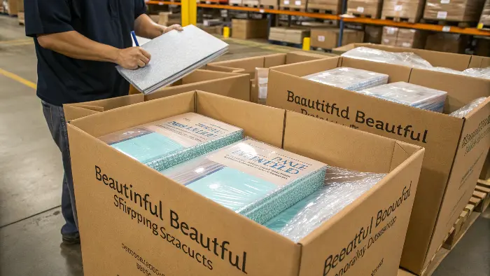Image of neatly packed custom notebooks in individual bags, then in inner boxes, inside a strong shipping carton