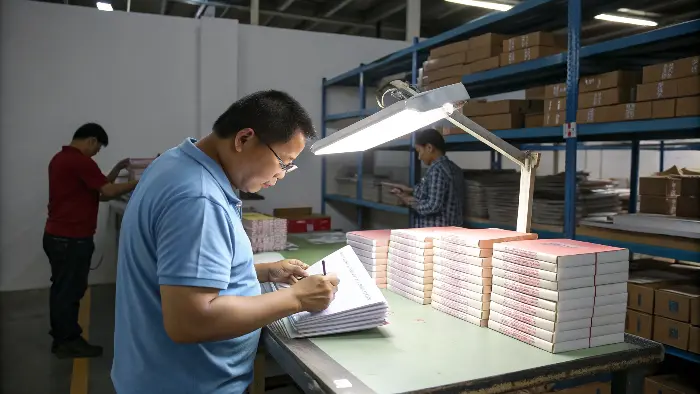Image of an inspector meticulously checking a stack of finished notebooks with a checklist