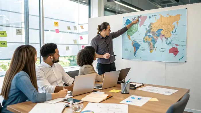 Business person looking at a global map, planning