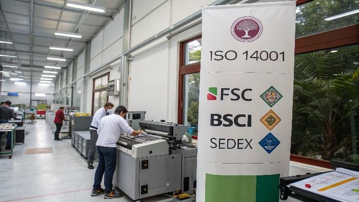 Image depicting eco-friendly printing symbols or a factory with solar panels