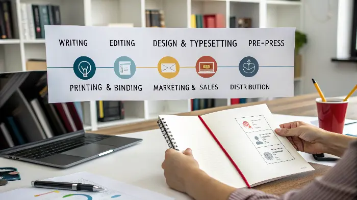 Infographic showing the 7 steps of book publishing