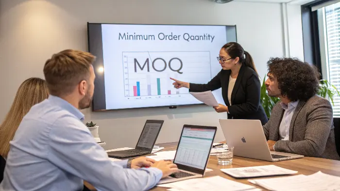 A person at a desk with procurement documents and a calculator