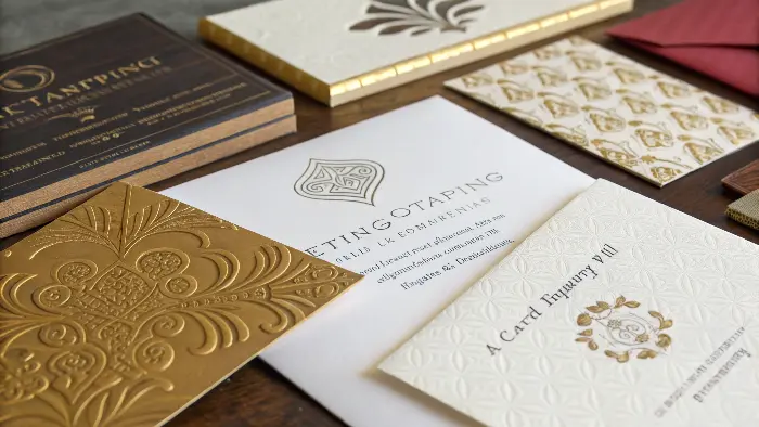 Image placeholder showcasing a luxurious stationery set with multiple specialty printing effects