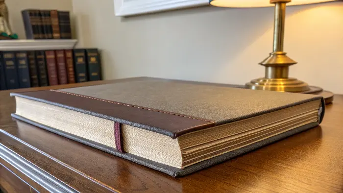 Close-up of a library bound book's reinforced spine and stitching