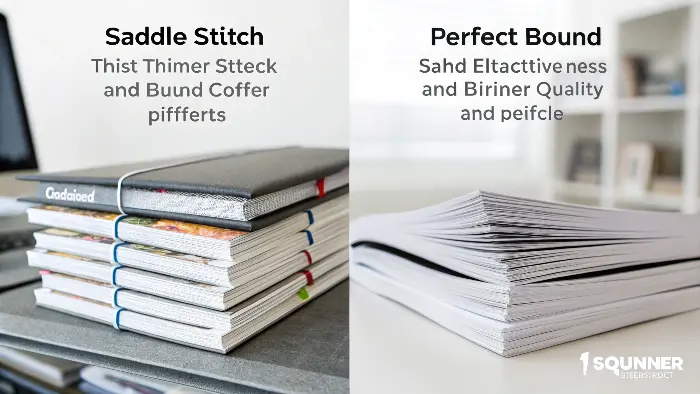 Comparison of a thin saddle-stitched magazine and a thick perfect-bound magazine