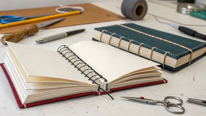 close-up of singer-sewn binding and wire-o binding