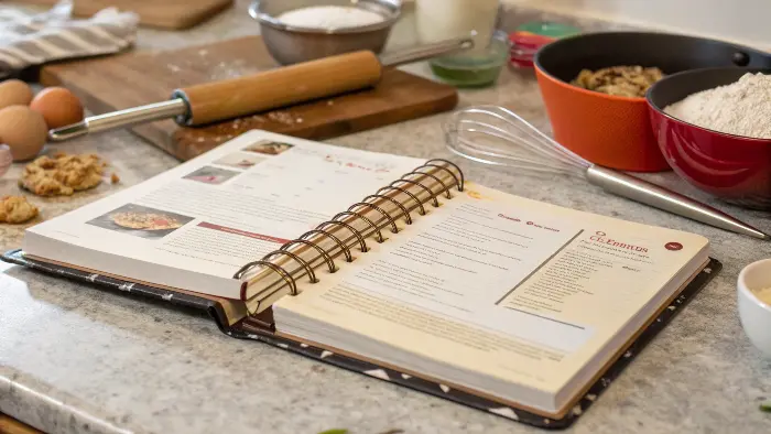 A durable, lay-flat cookbook open on a kitchen counter