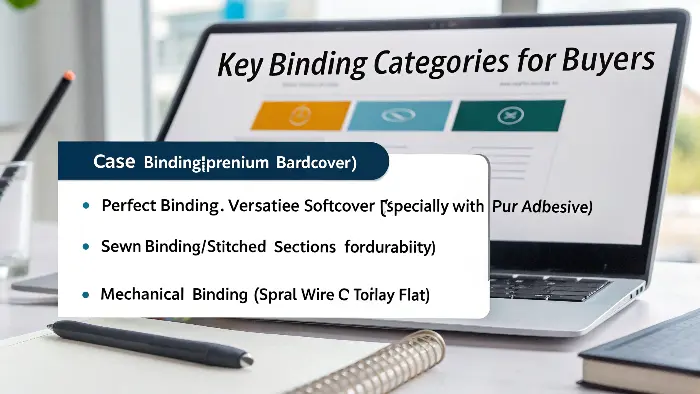Infographic or collage showing clear examples of case, perfect, sewn, and mechanical bindings