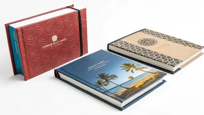 Close-up shots of books with embossing, foil stamping, and lamination