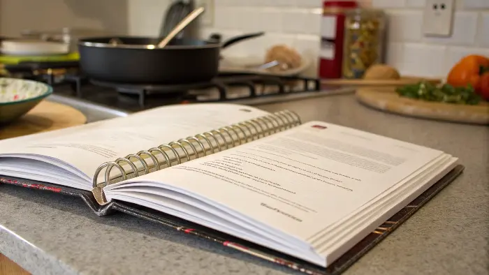 A Wire-O bound cookbook laying flat next to ingredients