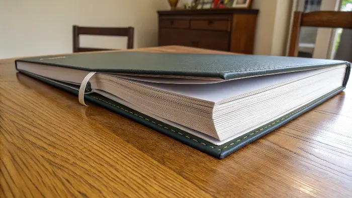 A close-up showing the stitched signatures of a Smyth-sewn book