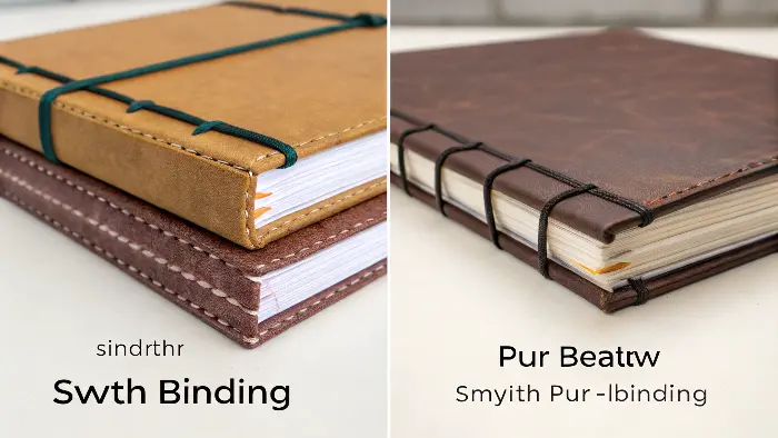 Close-up of a Smyth-sewn spine alongside a PUR-bound book