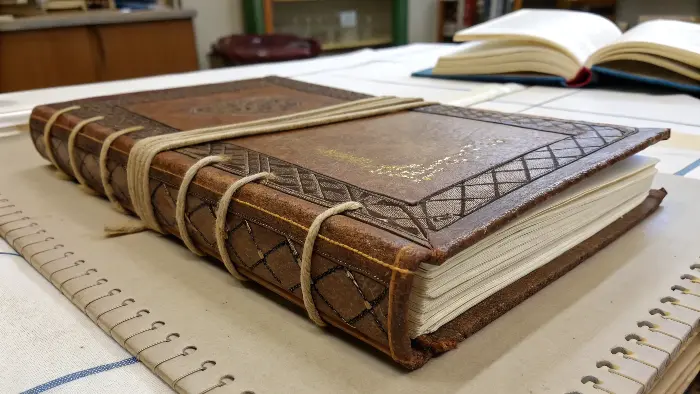 Image of a traditionally hand-sewn book or tools