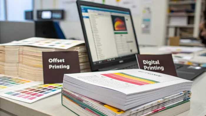 An offset printing press in action and a digital printing machine