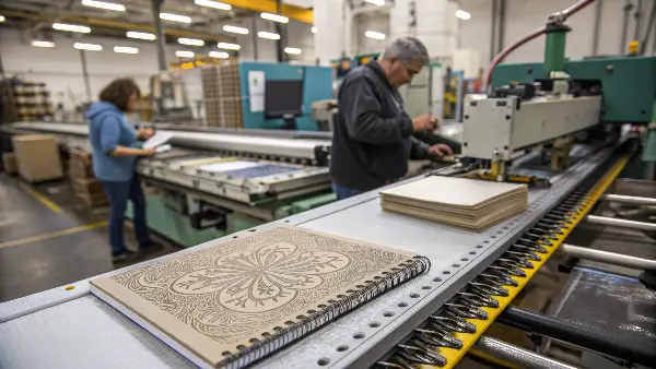 A factory machine performing a complex binding process on a notebook.