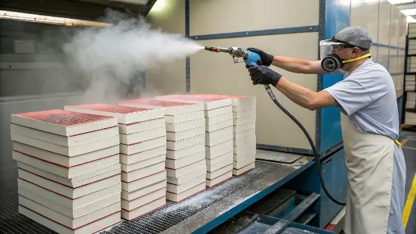 an operator in a spray booth applying red ink to a stack of clamped book blocks