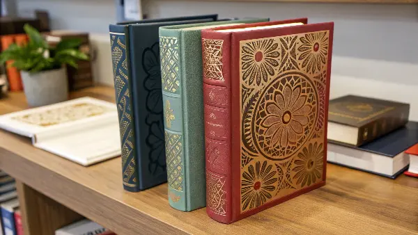 A collection of books showcasing different cover embellishments like foil stamping and embossing.