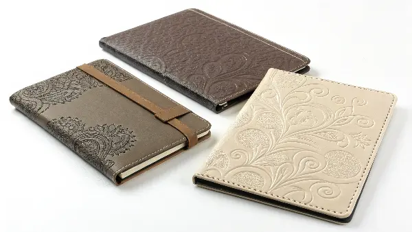 A close-up of a beautifully embossed logo on a navy blue notebook cover.