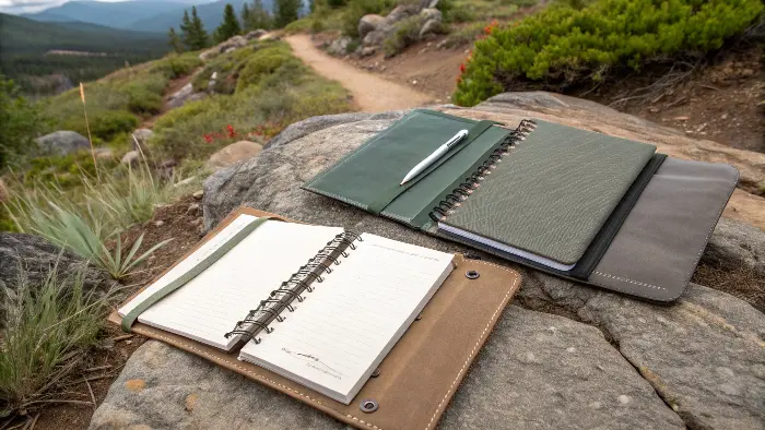 A durable travel guide being used outdoors on a mountain trail