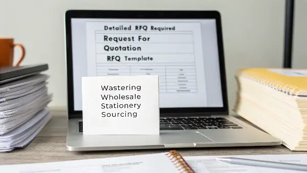 A well-organized desk with stationery and an RFQ document on a tablet.