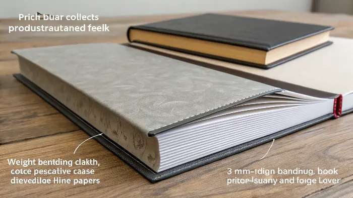A close-up of a casebound hardcover book showing the board and cloth wrap