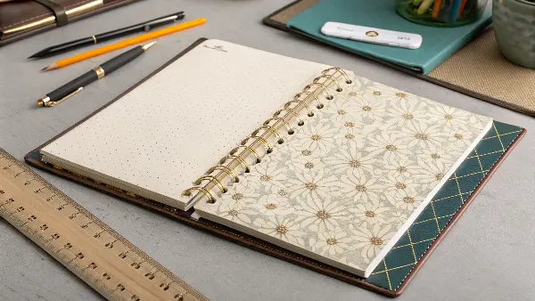 A close-up of different colored and textured endpapers for notebooks.