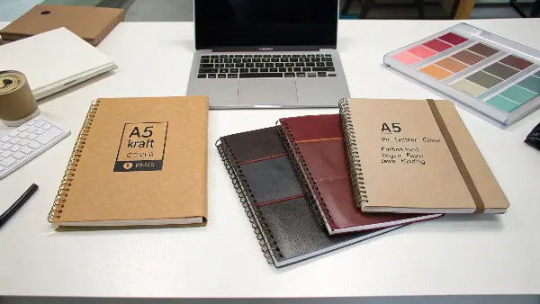 A close-up of different stationery materials like paper swatches, leather samples, and pen components.