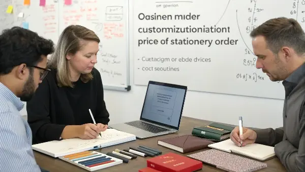 A designer showing a 3D model of a custom pen on a computer screen.