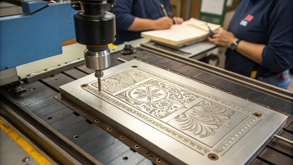 A close-up shot of a detailed brass die used for embossing.