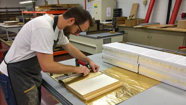 a factory machine applying heat and pressure to foil on a stack of book blocks