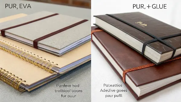 A close-up of different book spines showing the binding method