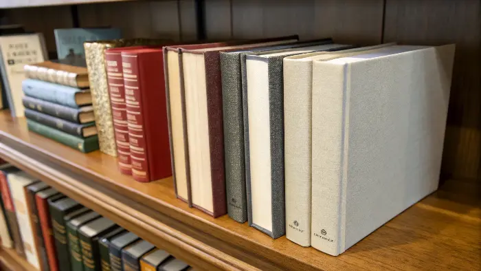 A collection of books showing different cover materials and finishes
