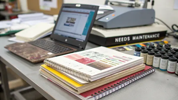 A designer comparing a printed book to the design on a computer screen