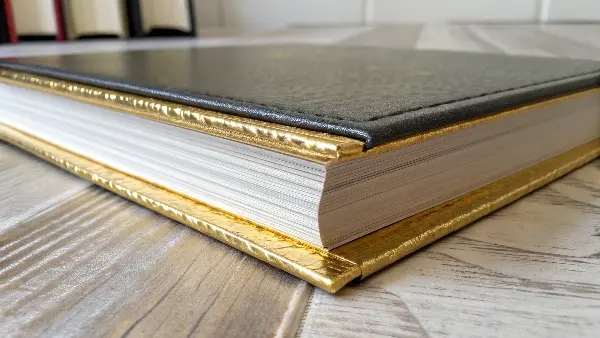a close-up of a leather-bound book with shiny gold gilded edges