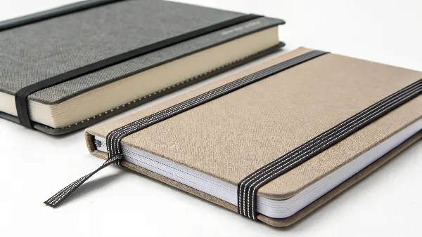 A display of different spine materials: coated cardstock, book cloth, and spiral wire.
