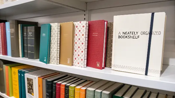 Notebooks lined up on a retail shelf, showcasing well-designed, readable spines.