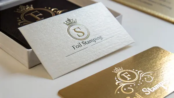 A close-up of a gold foil stamped logo on a dark notebook cover.