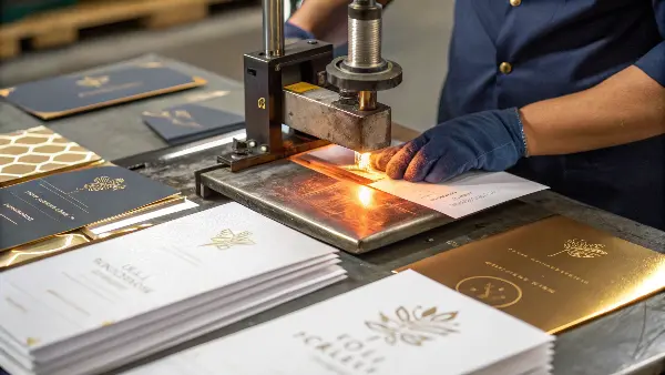 Close-up of a hot foil stamping machine pressing a gold design onto a dark notebook cover.