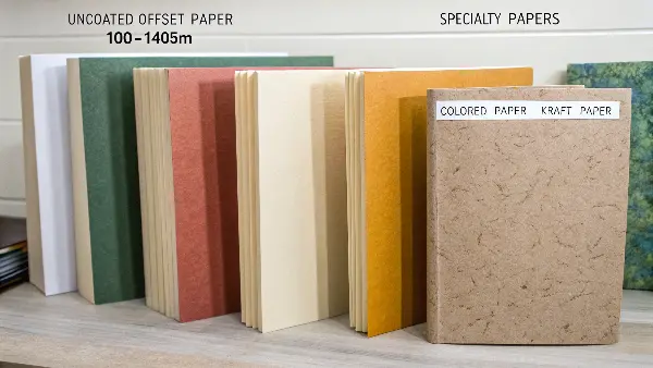 A stack of paper samples in various colors and textures for book endpapers.