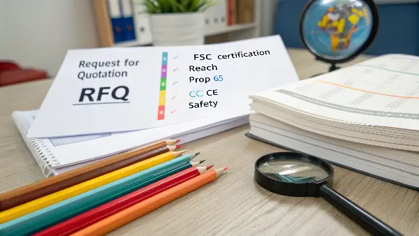 A quality inspector checking products against a checklist, with compliance certificates in the background.