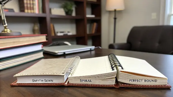 A close-up comparison of spiral, sewn, and perfect bound book spines