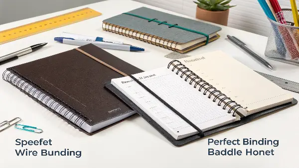 alt text: a side-by-side comparison of case bound, spiral bound, and perfect bound notebooks