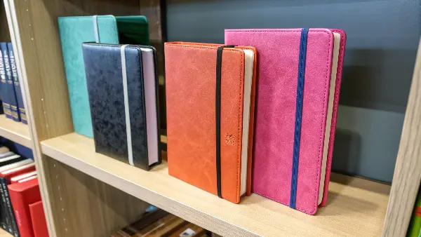 A stack of notebooks with different lamination finishes like gloss, matte, and soft-touch.