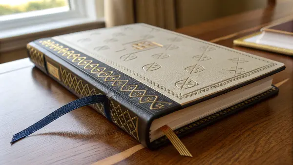 A prayer book cover with gold foil stamping and debossed details.