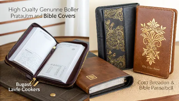 A collection of Bible cover material swatches, including genuine leather, PU leather, and linen.