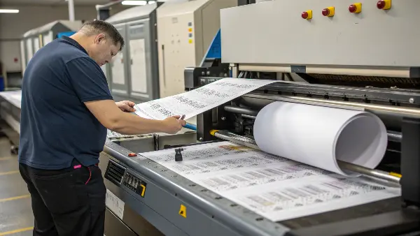 A detailed shot of a printing machine's tension control system for thin paper.