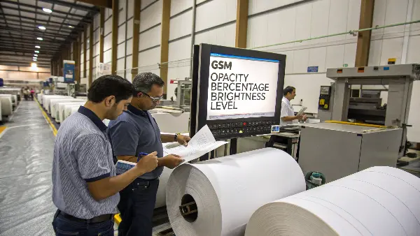 A stationery product manager closely inspecting different samples of Bible paper.