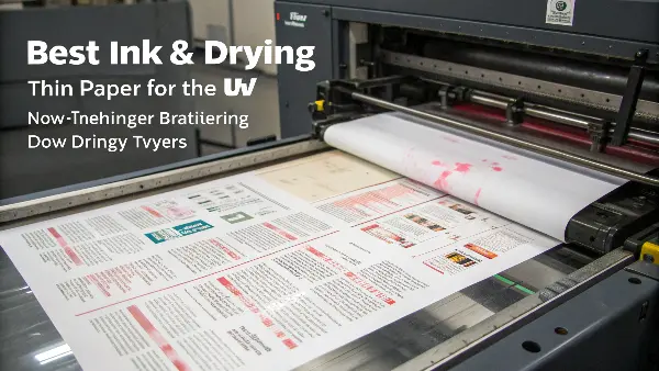 A close-up of a UV lamp curing ink on a sheet of thin paper in a printing press.