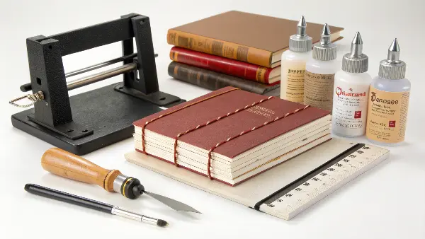 a flat lay of traditional book binding tools like a bone folder, awl, and thread